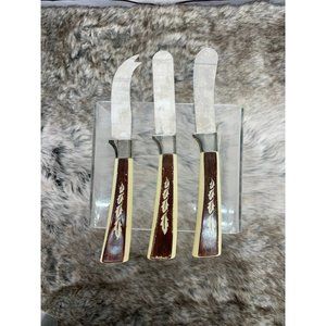 Vintage Regent Sheffield 3 Pieces Woodgrain Brown Tan Leaf Design Stainless Stee